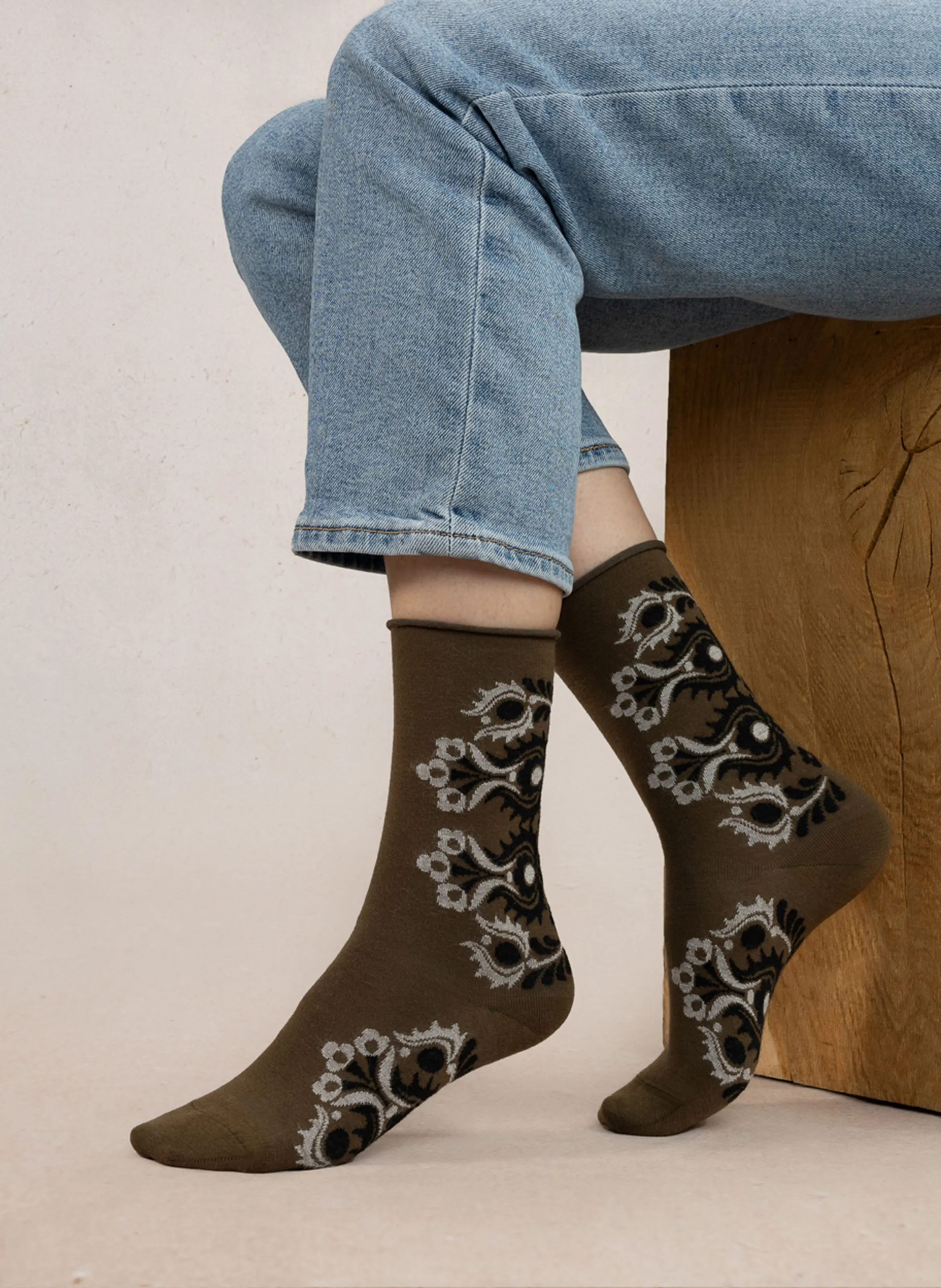 BLEUFORET FOLKE - Calcetines de lana mezclada estampados en caqui