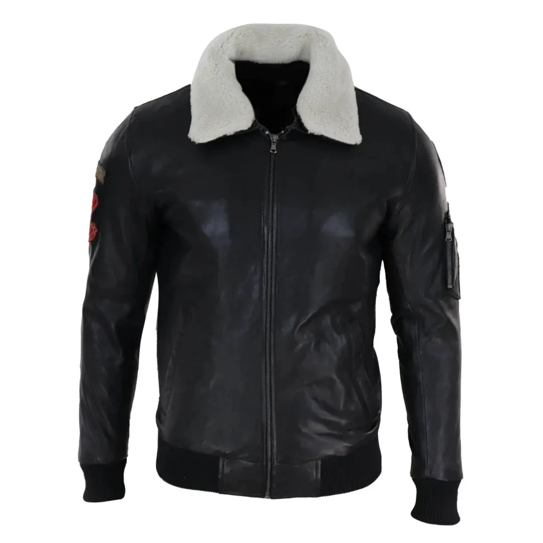 Chaqueta de piloto color negro de cuero real para hombres