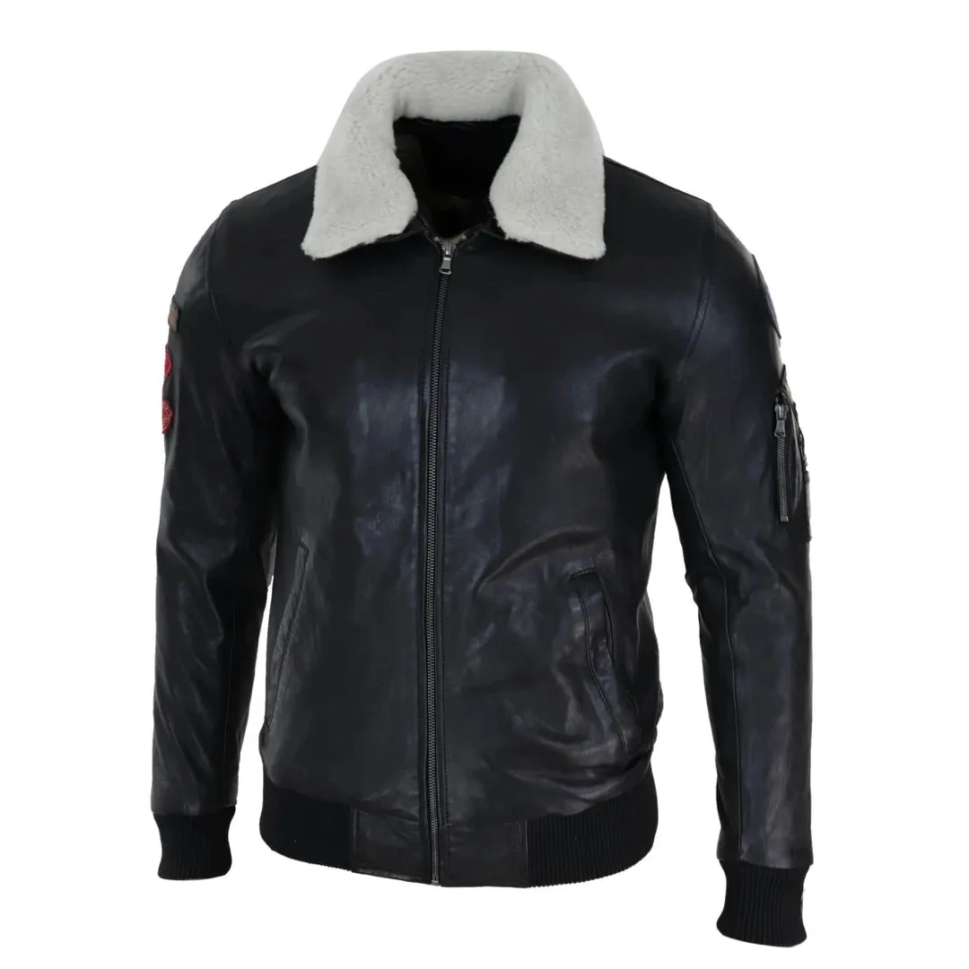 Chaqueta de piloto color negro de cuero real para hombres