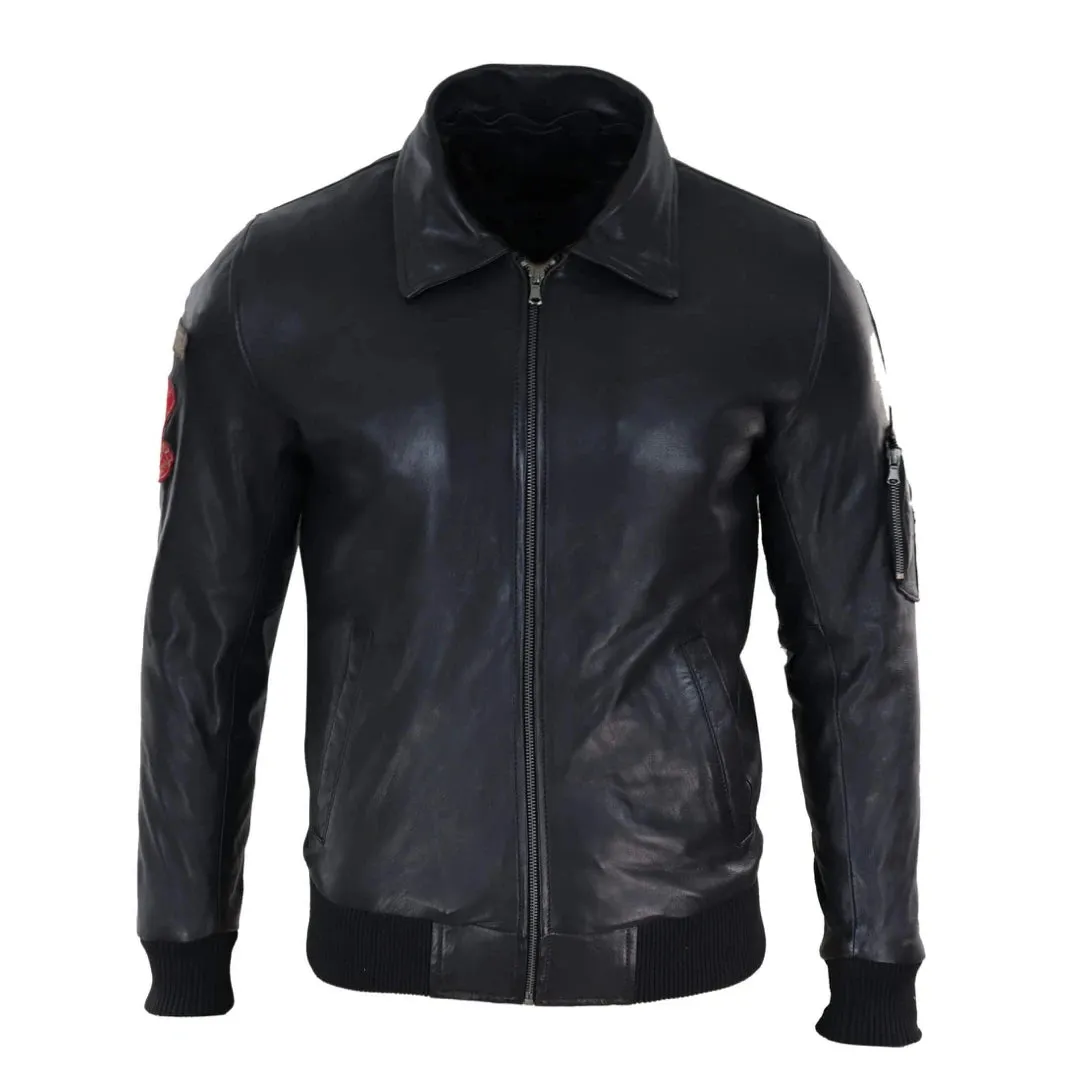 Chaqueta de piloto color negro de cuero real para hombres