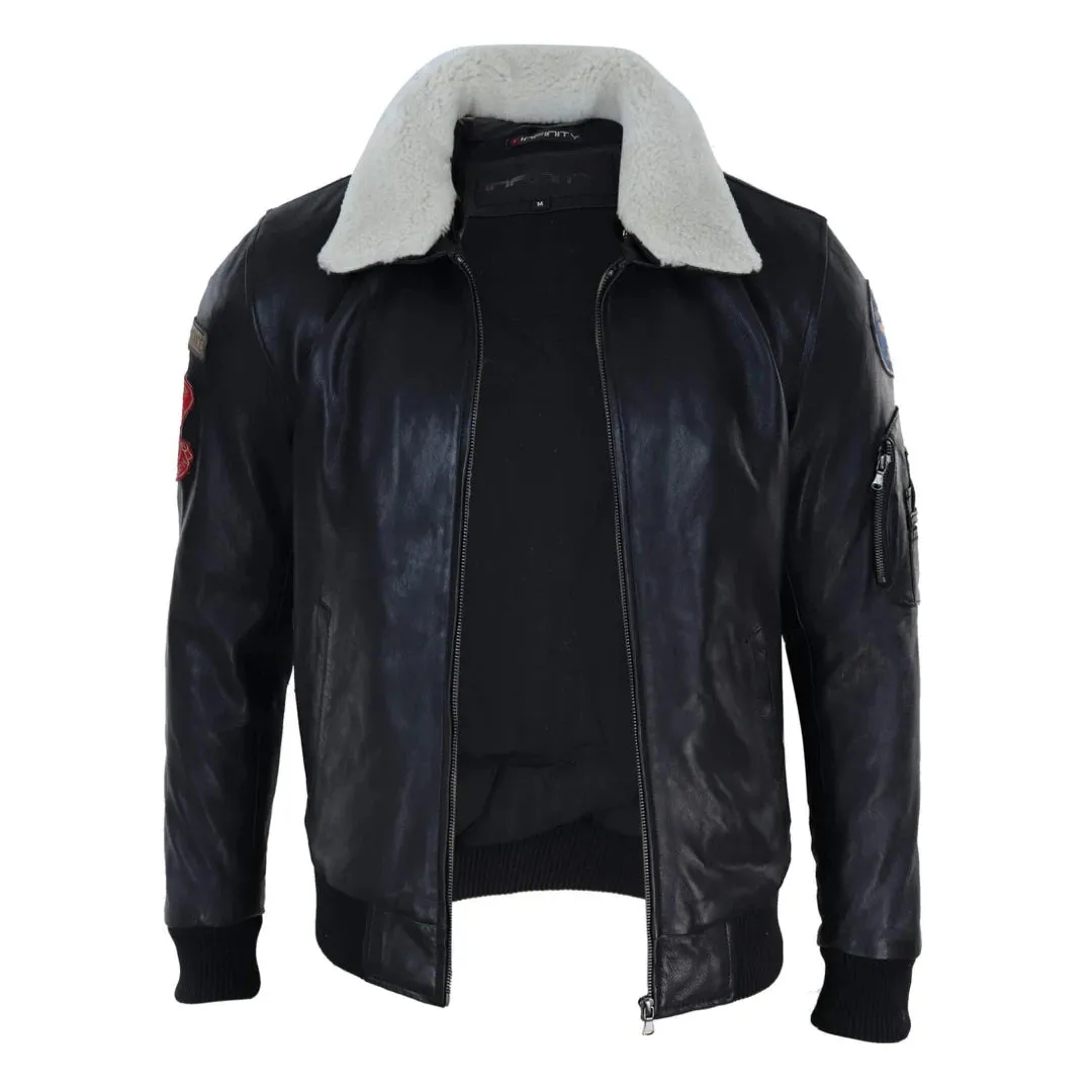 Chaqueta de piloto color negro de cuero real para hombres