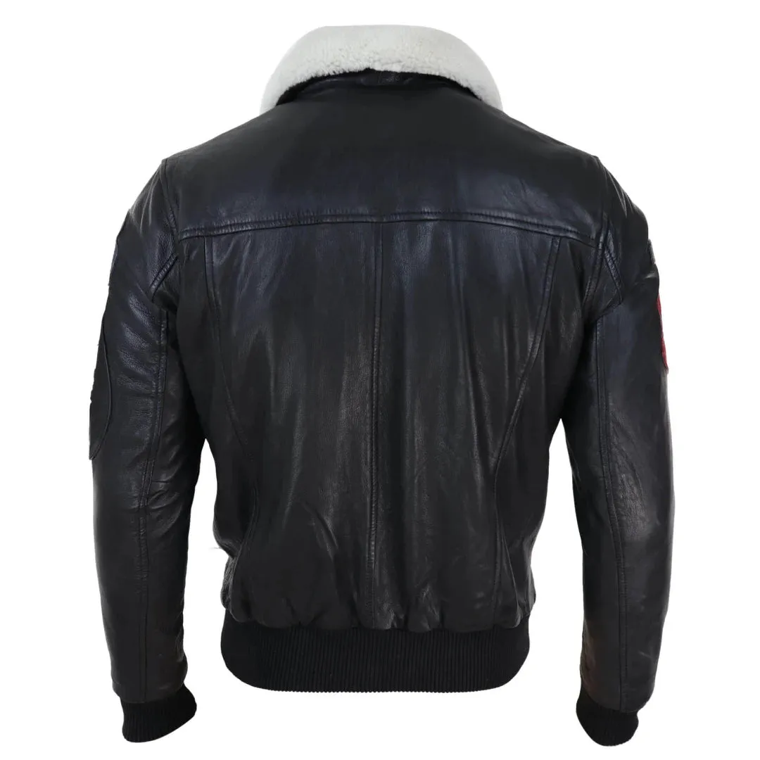 Chaqueta de piloto color negro de cuero real para hombres