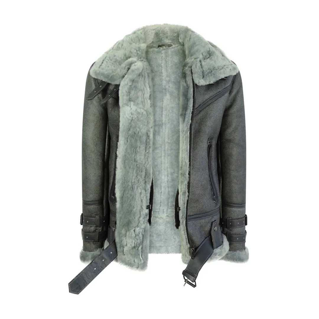 Chaqueta de vuelo con cremallera de cuero de oveja de cuero de oveja real negra clásica para hombre B3 Pilot WW16