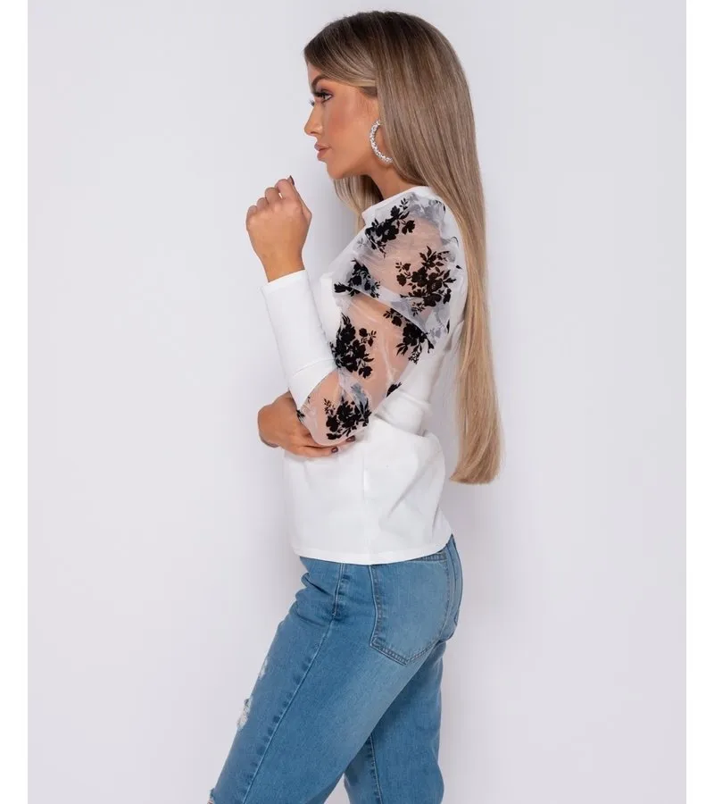 Floral impresión Flock abultada mangas de cuello alto mangas - Damas - Blanco