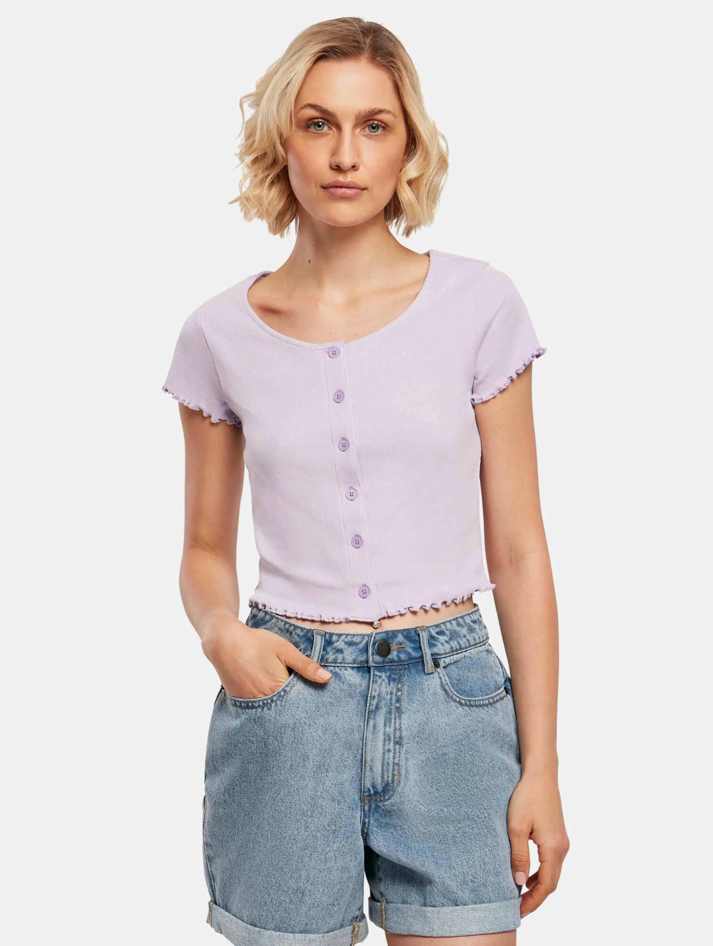  Ladies Cropped Button Up Rib