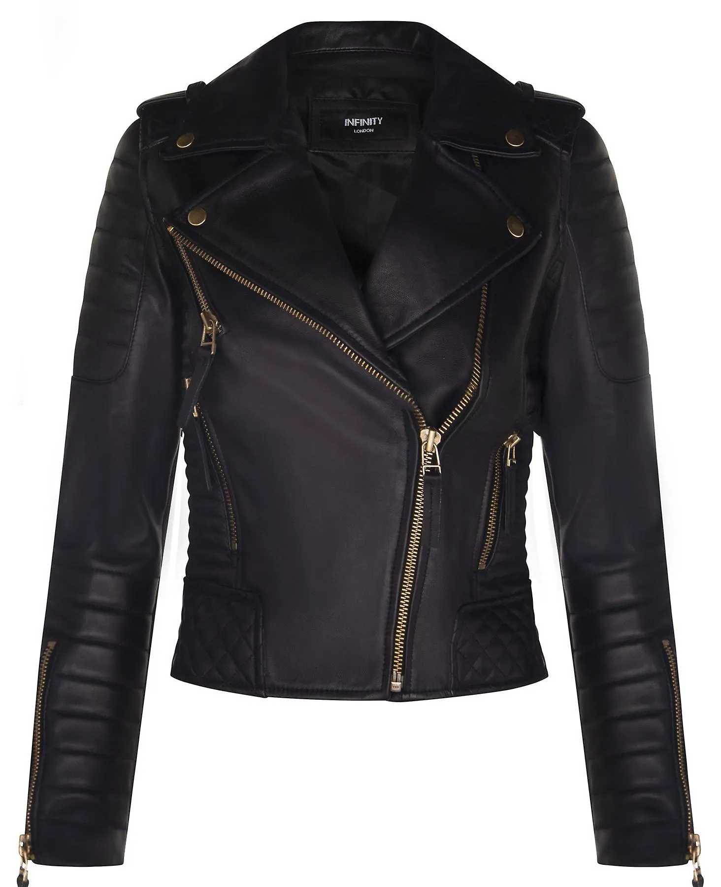 Ladies Leather Biker Acolchado Negro Real Lamb Nappa Chaqueta