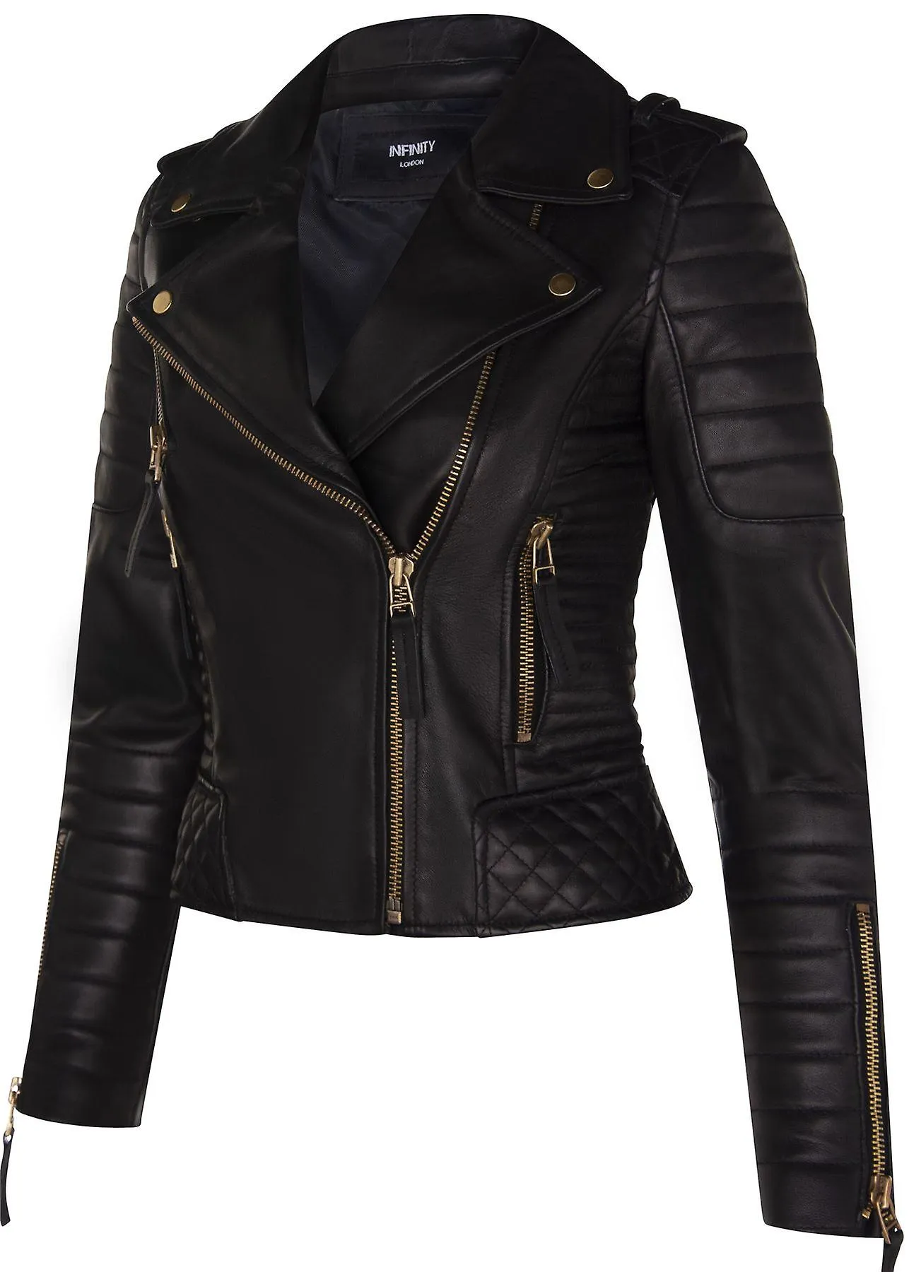 Ladies Leather Biker Acolchado Negro Real Lamb Nappa Chaqueta