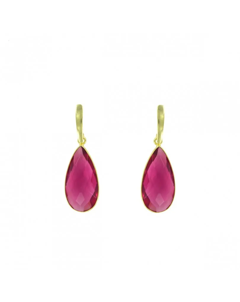 PENDIENTES LARGOS CHAPADOS ORO CON PIEDRA SEMIPRECIOSA TURMALINA ROSA