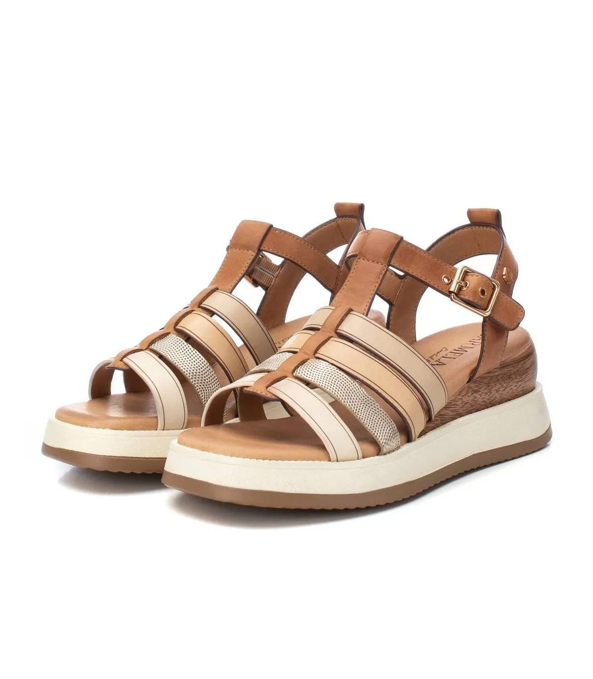 Sandalia cuña camel con tiras