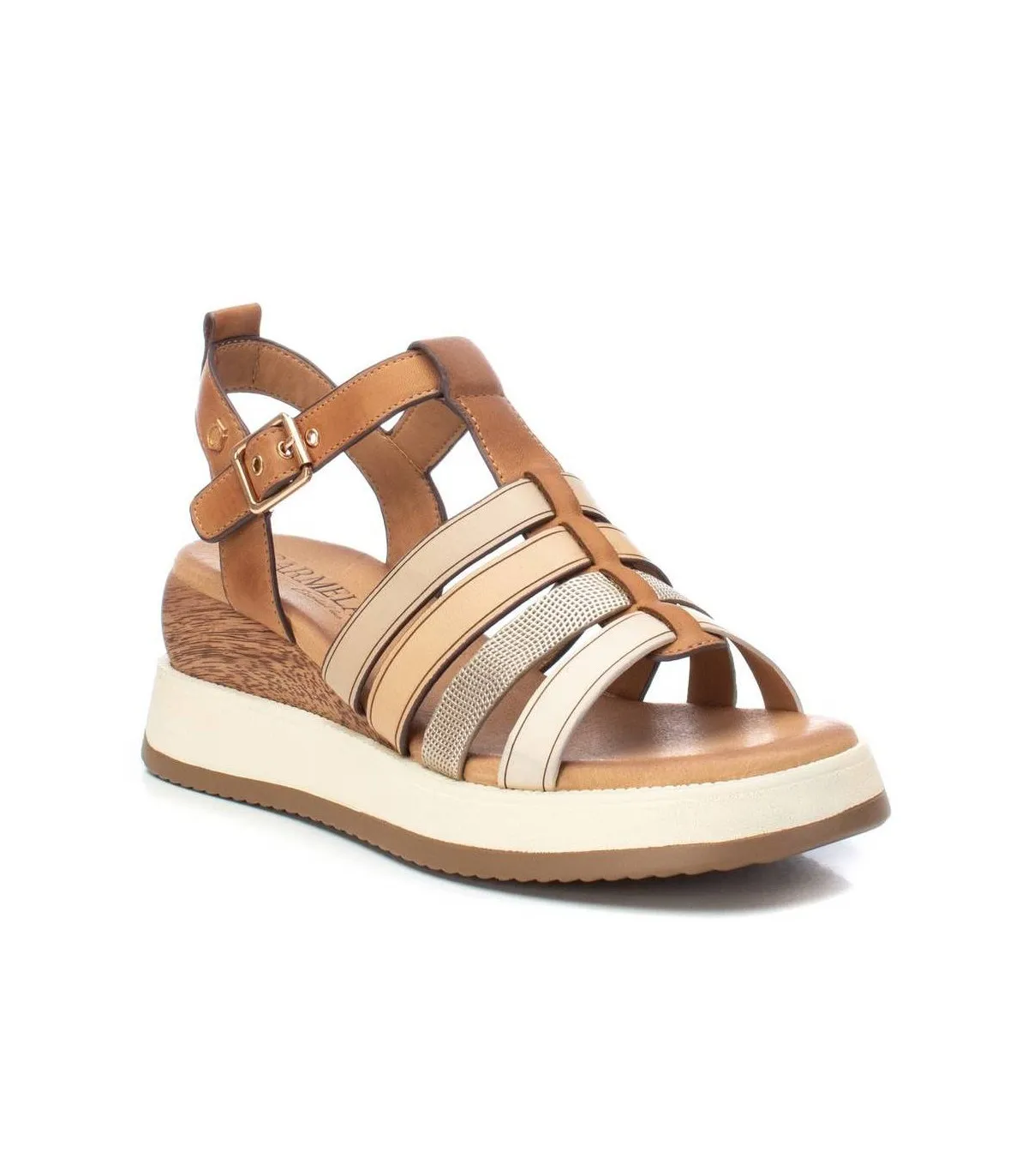 Sandalia cuña camel con tiras