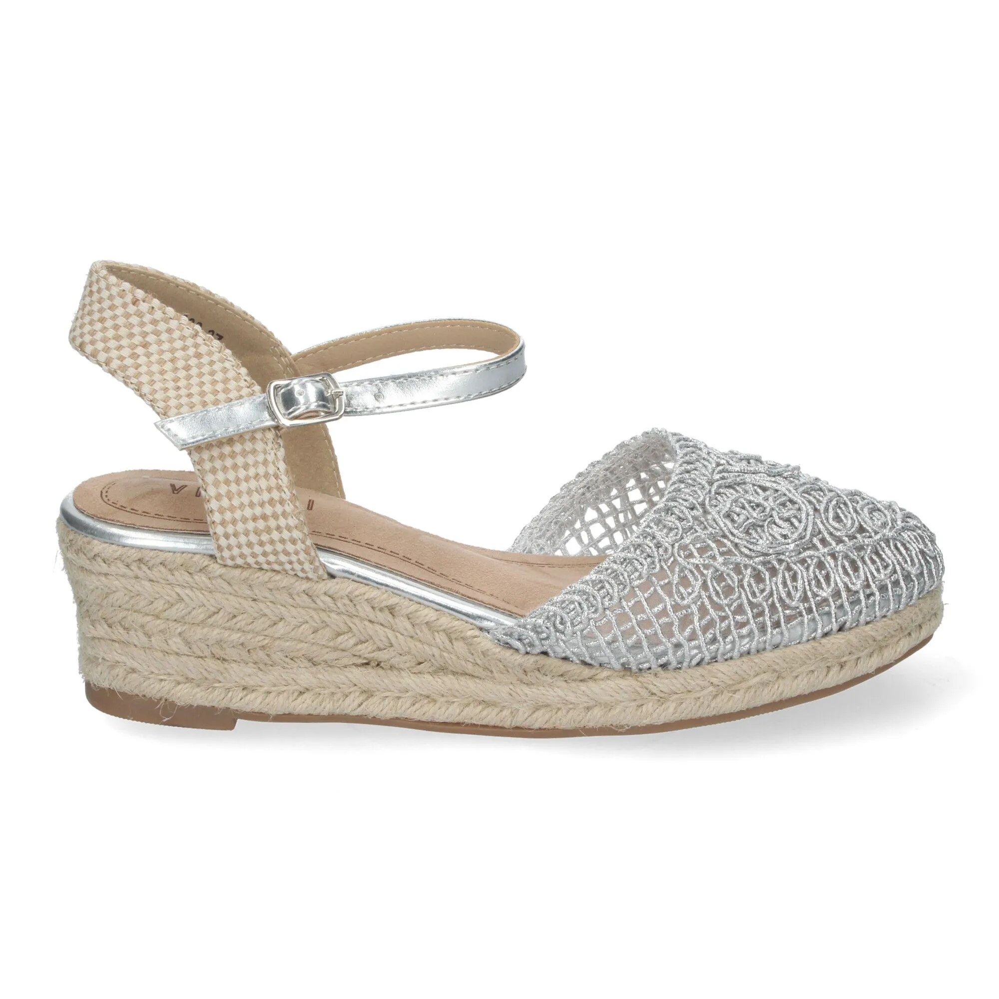 Sandalias de cuña media en yute plata para mujer crochet VRA-899