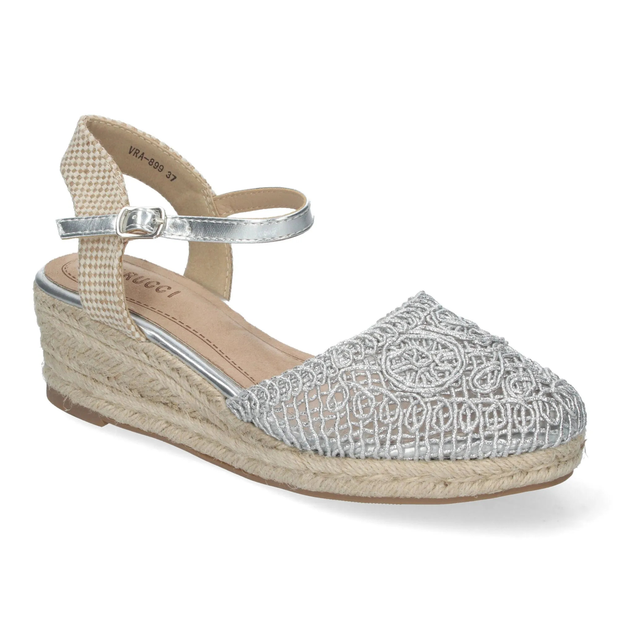 Sandalias de cuña media en yute plata para mujer crochet VRA-899