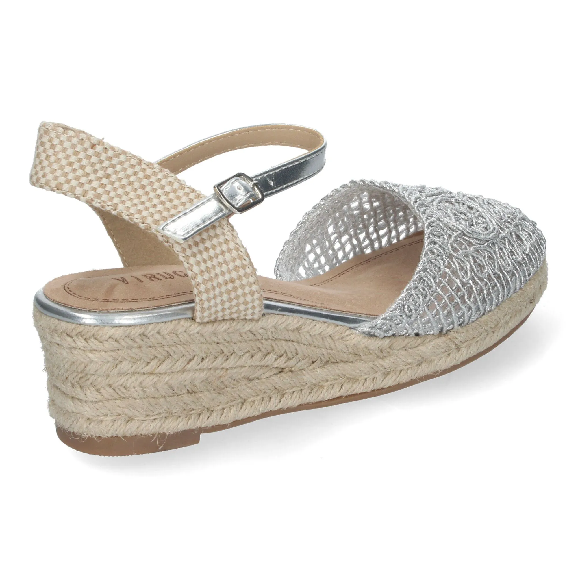 Sandalias de cuña media en yute plata para mujer crochet VRA-899