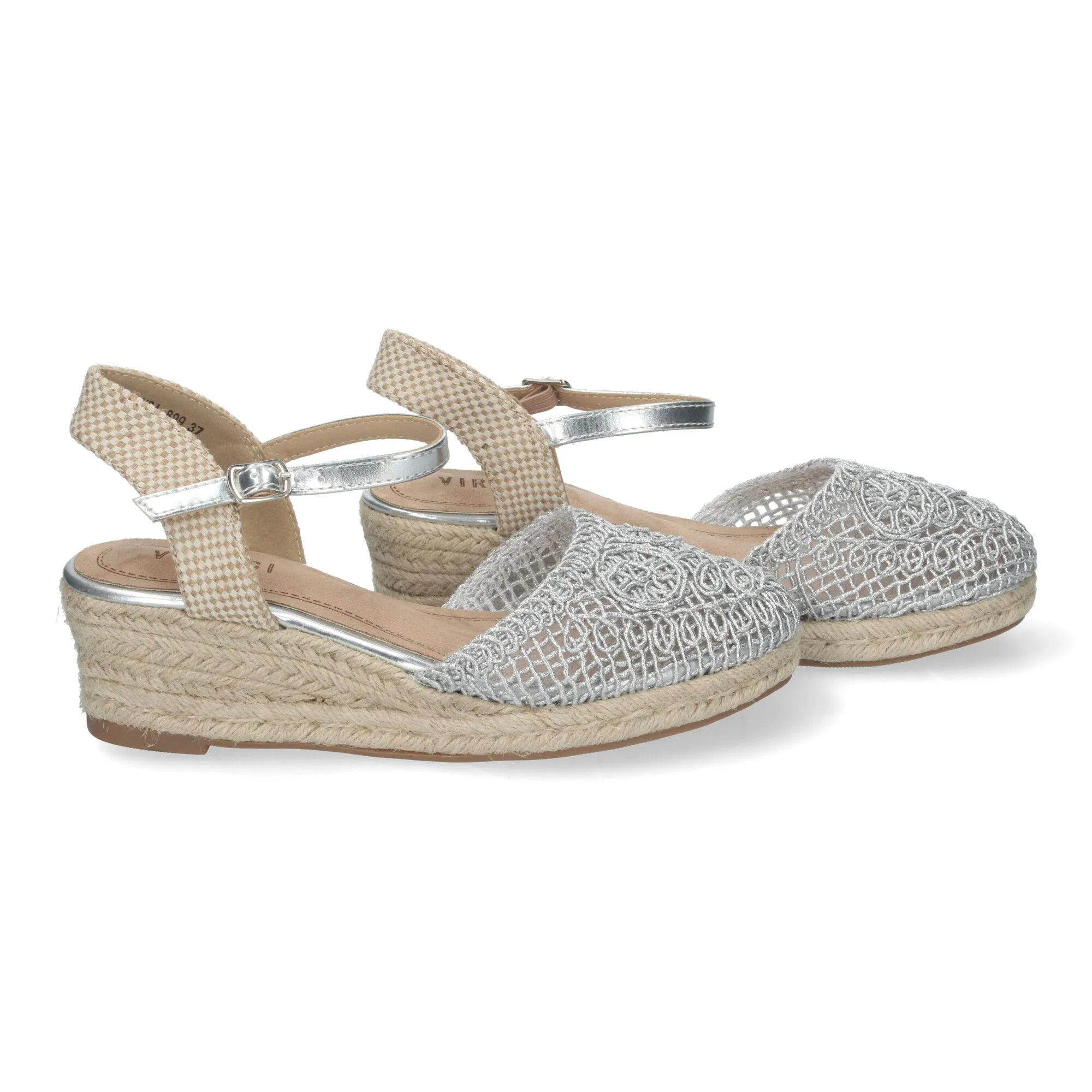 Sandalias de cuña media en yute plata para mujer crochet VRA-899