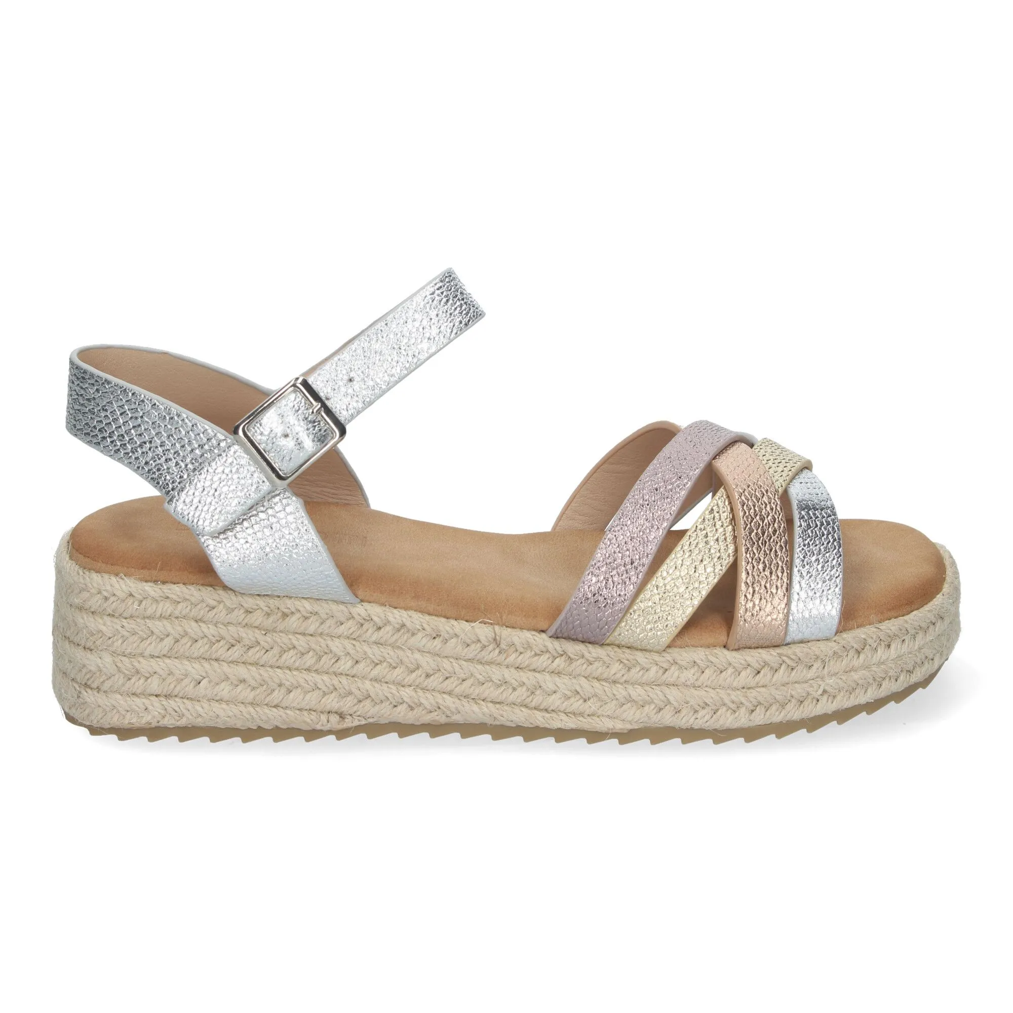 Sandalias plateadas planas forradas en yute pala abierta mujer CF-2480