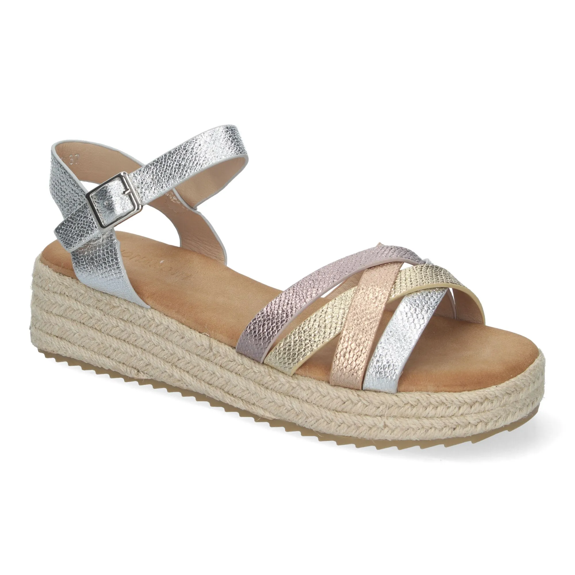 Sandalias plateadas planas forradas en yute pala abierta mujer CF-2480