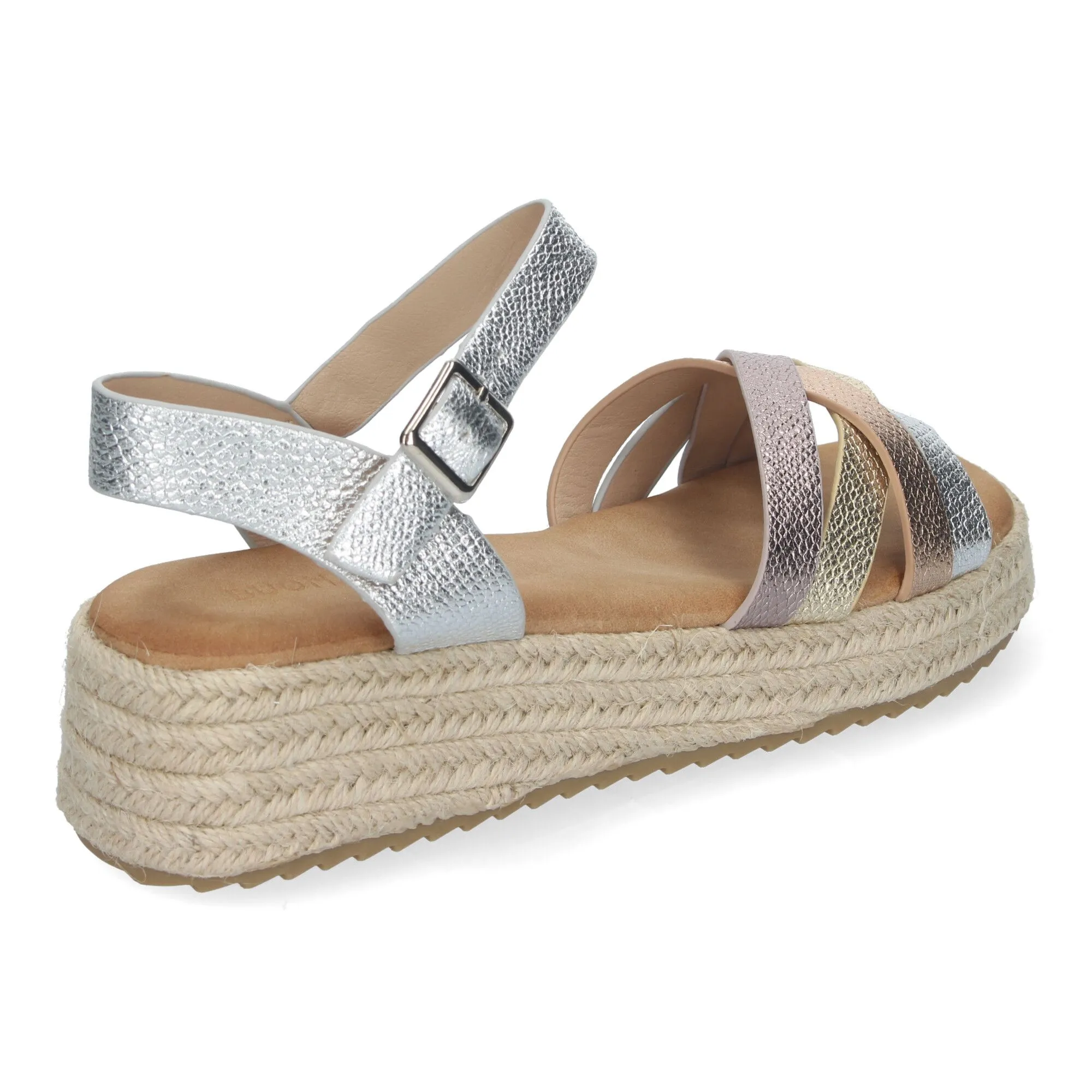 Sandalias plateadas planas forradas en yute pala abierta mujer CF-2480