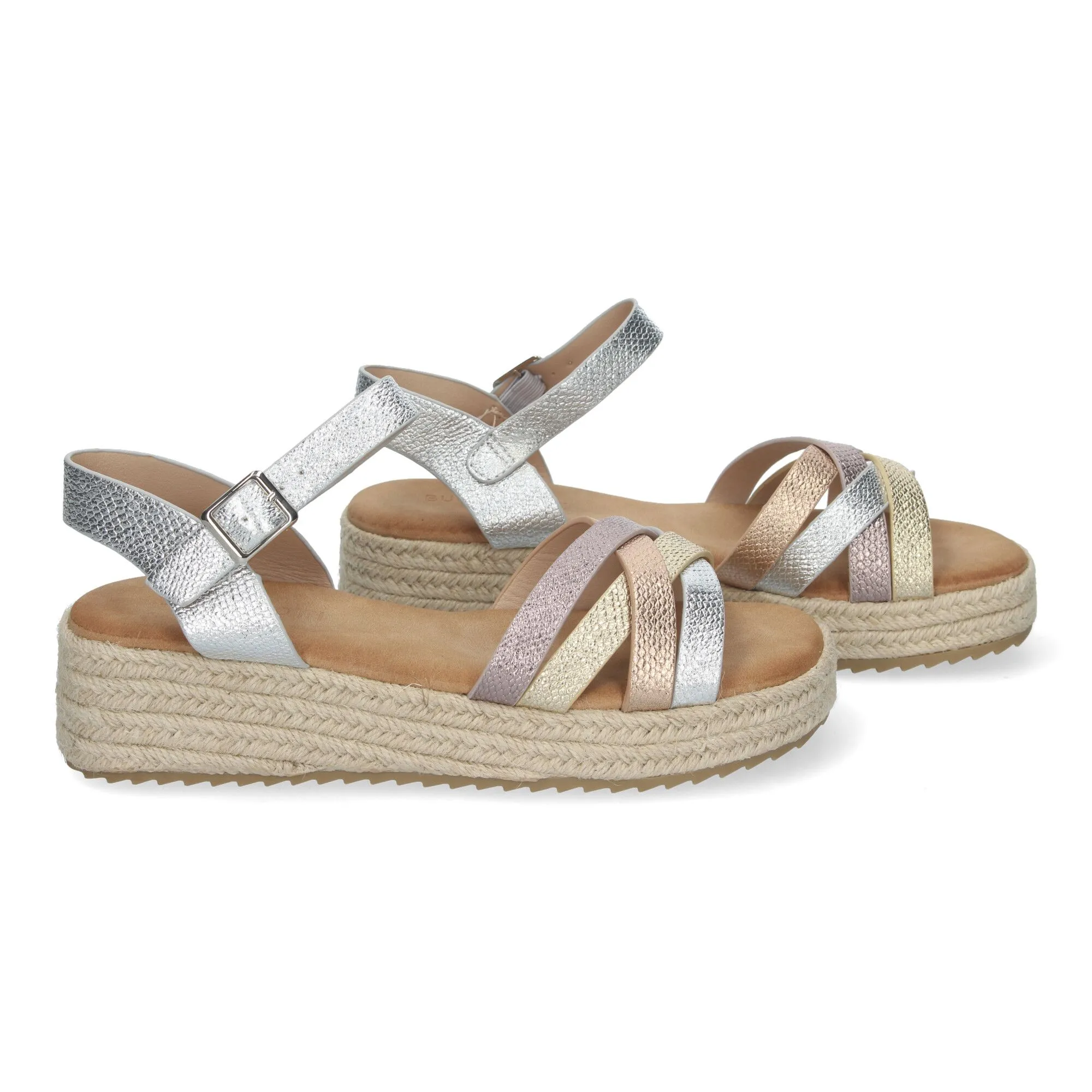 Sandalias plateadas planas forradas en yute pala abierta mujer CF-2480