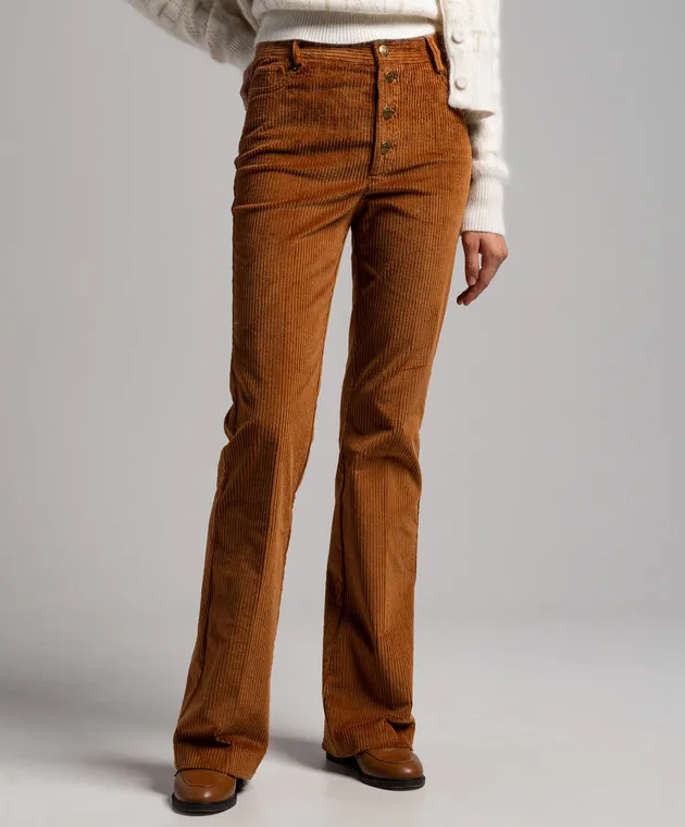 Twinset Brown corduroy flared pants with metallic logo