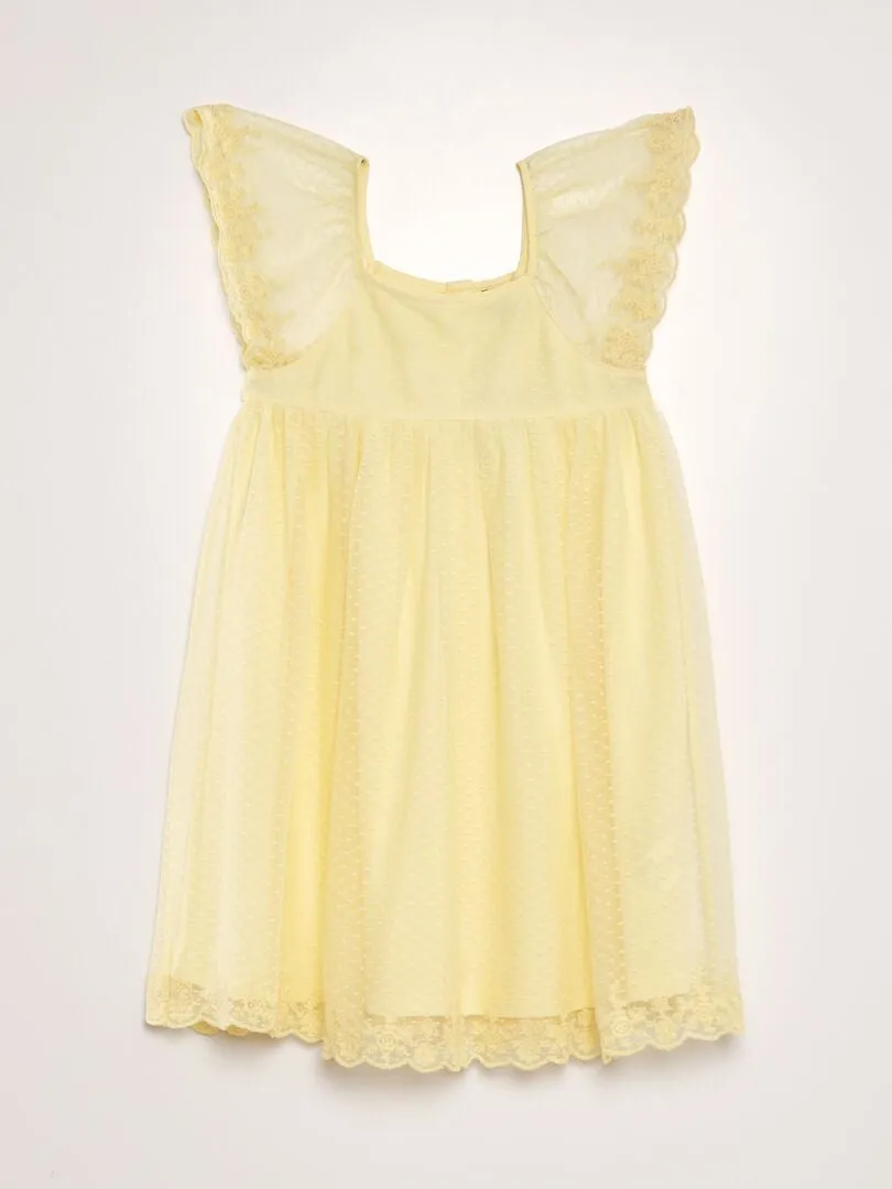 Vestido trapecio de tul de plumeti - AMARILLO