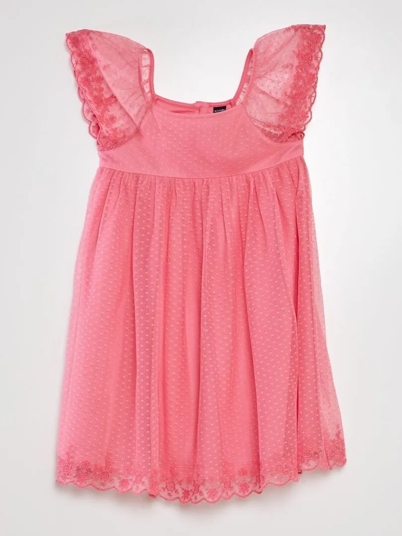 Vestido trapecio de tul de plumeti - rosa