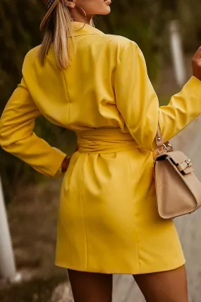 Women's Yellow Long Sleeve Belted Blazer Dress